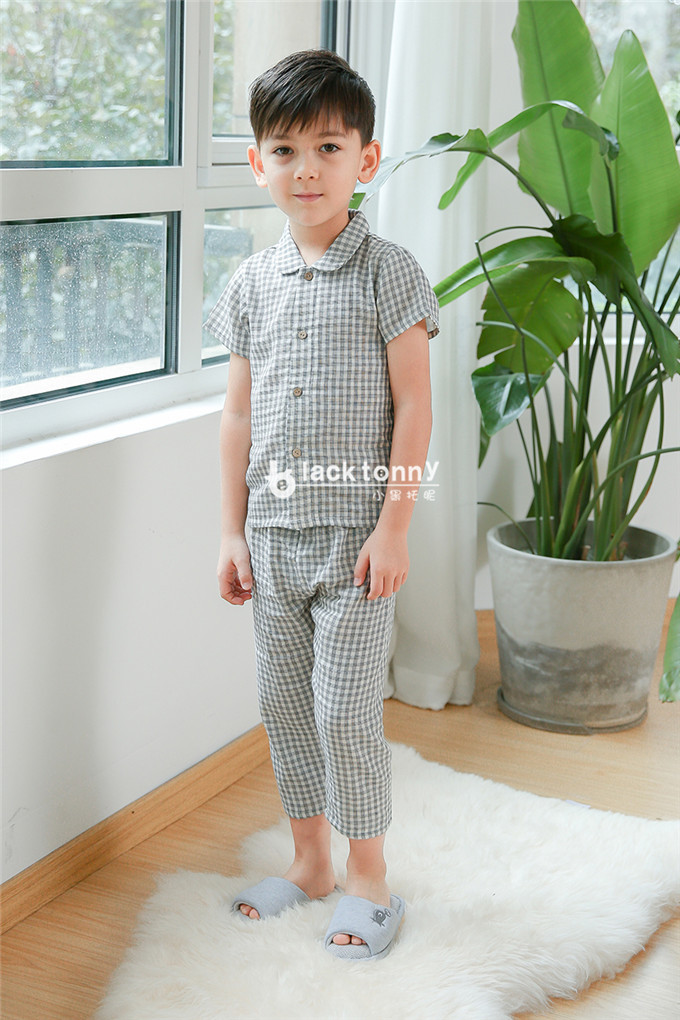 小黑托昵 男童2018春夏新款格子短袖长裤家居服纯棉套装工厂直销