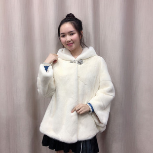 2018新貂皮大衣女白色太鹅绒短款浪尾带帽进口整貂天鹅绒皮草外套