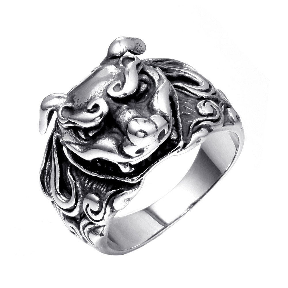 跨境指环现货钛钢牛头戒指钛钢牛角动物指环欧美复古做旧饰品