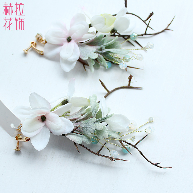 新款韩新娘淡粉花朵耳环耳夹 森女系树枝结婚饰品婚纱礼服配饰
