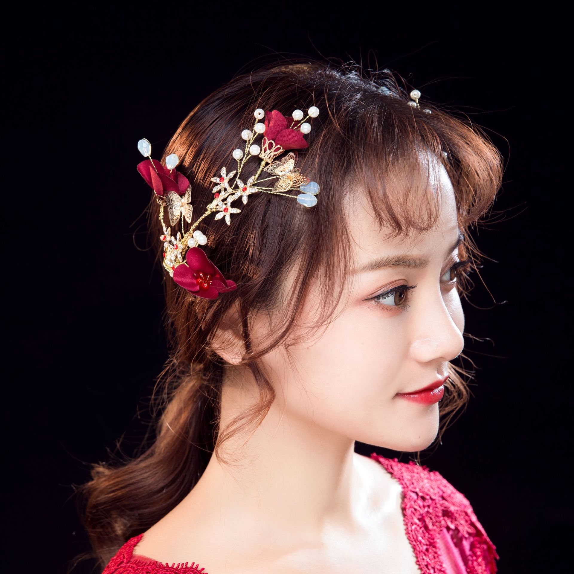 2021新款新娘造型发卡 敬酒服头饰 新娘红色手工蝴蝶珍珠盘发发夹