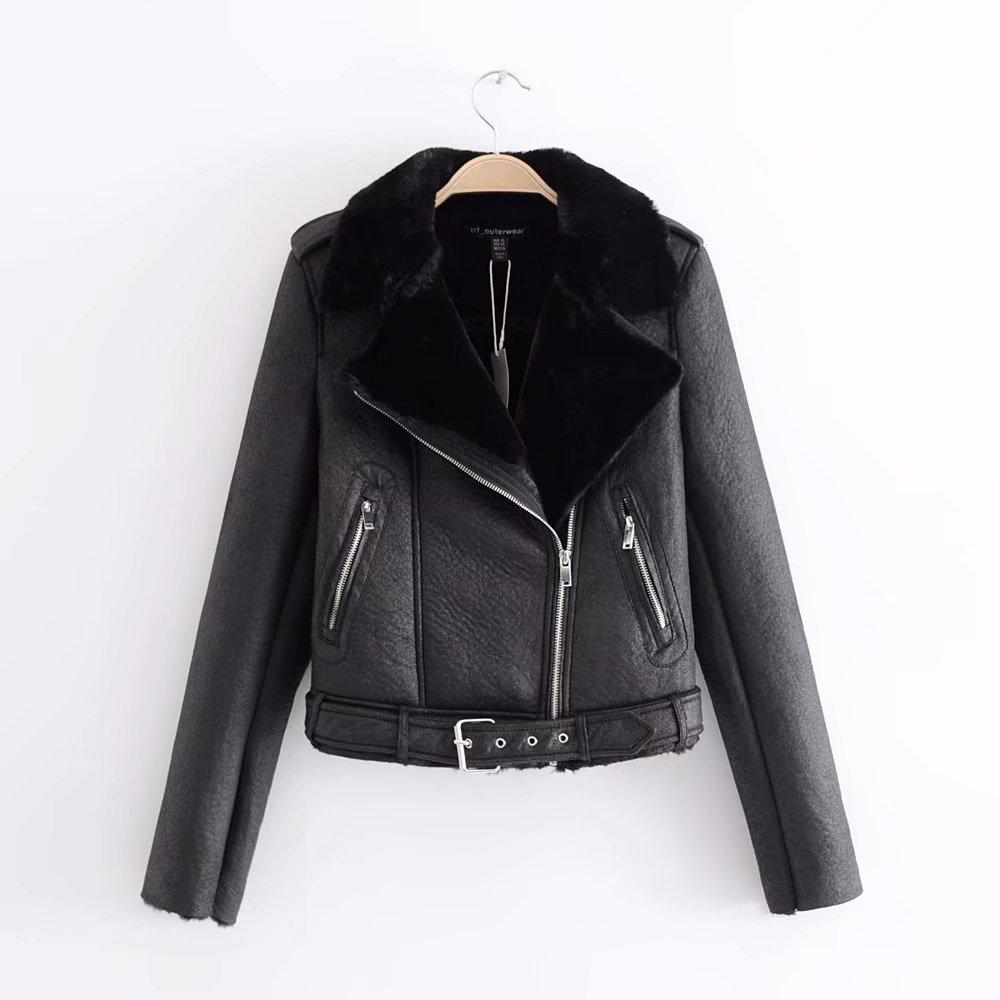 秋冬新款欧美女装短款皮毛一体加厚麂皮绒皮衣夹克外套s5777
