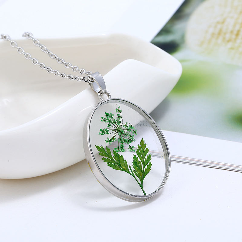 厚汴饰品天然滴胶干花项链 椭圆紫色太阳花吊坠 植物标本树脂项链