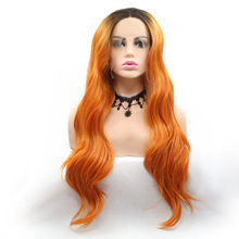 欧美高温丝化纤假发 前蕾丝橘色长卷卡尼卡隆化纤假发套 一件代发