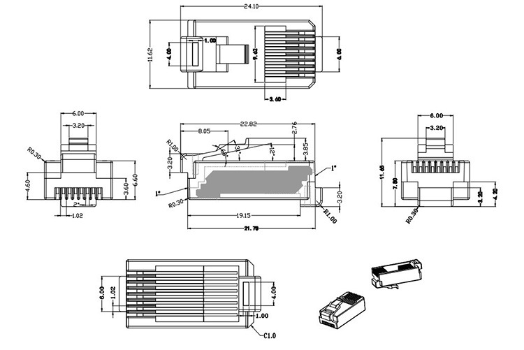 水晶头长金片对接rj45 8p8c双向插头板对板24mm