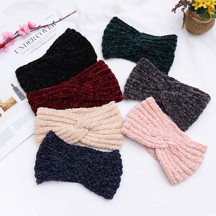 Factory Direct Sale New European and American Chenille Wool Striped Front Cross Women's Autumn and Winter Knitted Hair Band