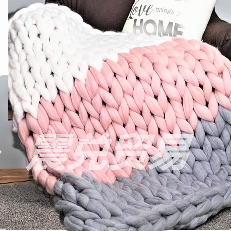 跨境货源超粗冰条毯子 多色组合手工编织手臂粗线毯子 8cm粗毛条