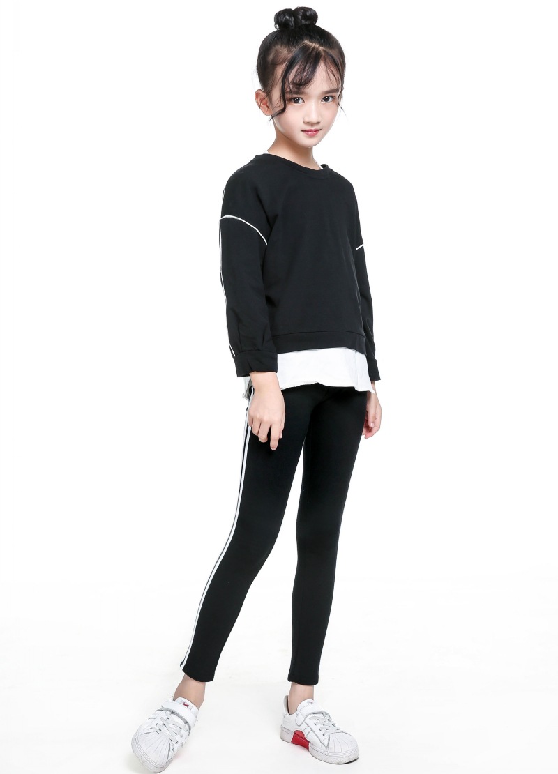 特价春秋薄款女童纯棉弹力高腰运动打底裤儿童韩版黑白侧边条纹