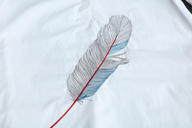 日系森女系 甜美春装新款文艺甜美羽毛刺绣休闲长款气质长袖衬衣