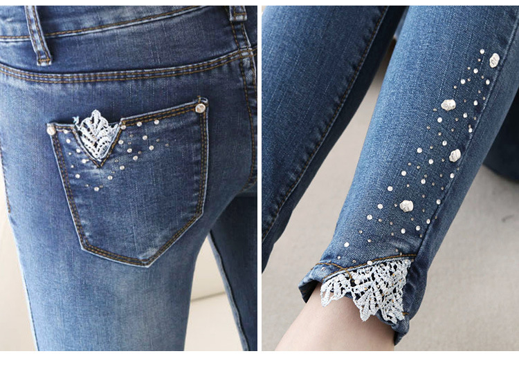 秋季新款修身显瘦烫钻蕾丝拼接铅笔小脚牛仔裤女款长裤子裤韩版潮