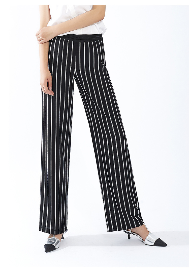 2018夏季新款黑白条纹雪纺阔腿裤女宽松高腰休闲竖条纹长裤