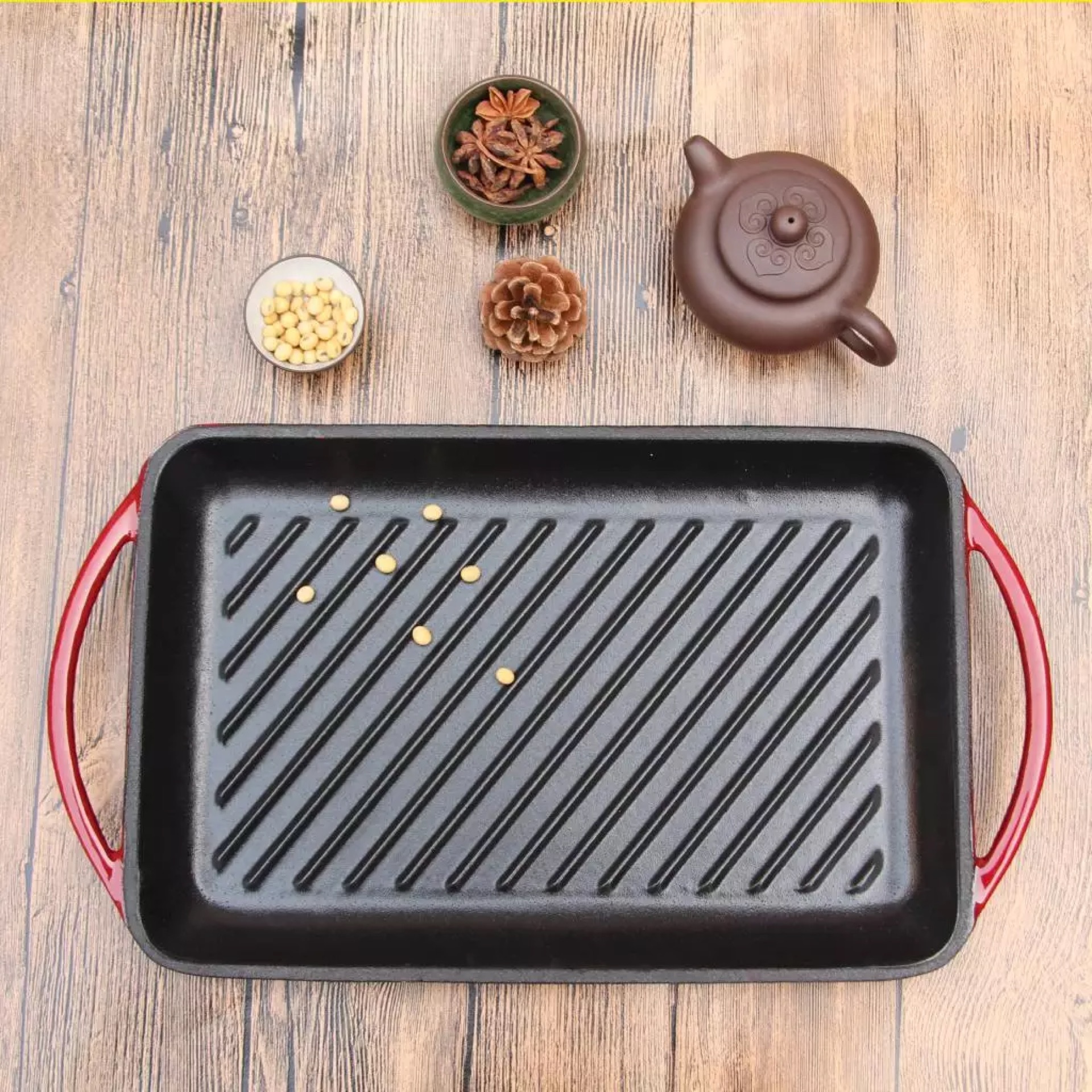批发铸铁珐琅煎锅 长方形带纹煎盘 牛排煎盘 批发零售可来样定制