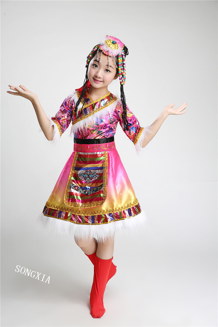 新款藏族儿童表演服少儿少数民族藏服藏袍舞蹈服装水袖蒙古族女童