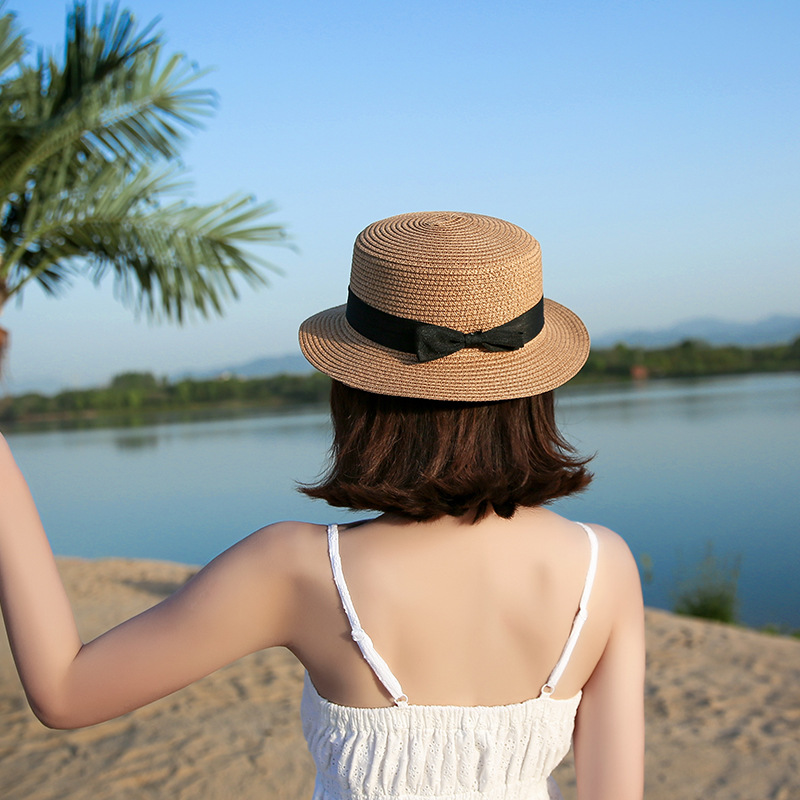 Foreign Trade Dome British Bowler Hat Flat-Brimmed Cap Straw Sun Protection Fashion Straw Hat Bow Summer Sun Hat