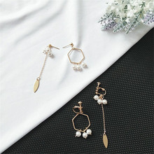 S925银针耳环韩版耳钉时尚新款个性珍珠不对称耳环 几何长款耳钉