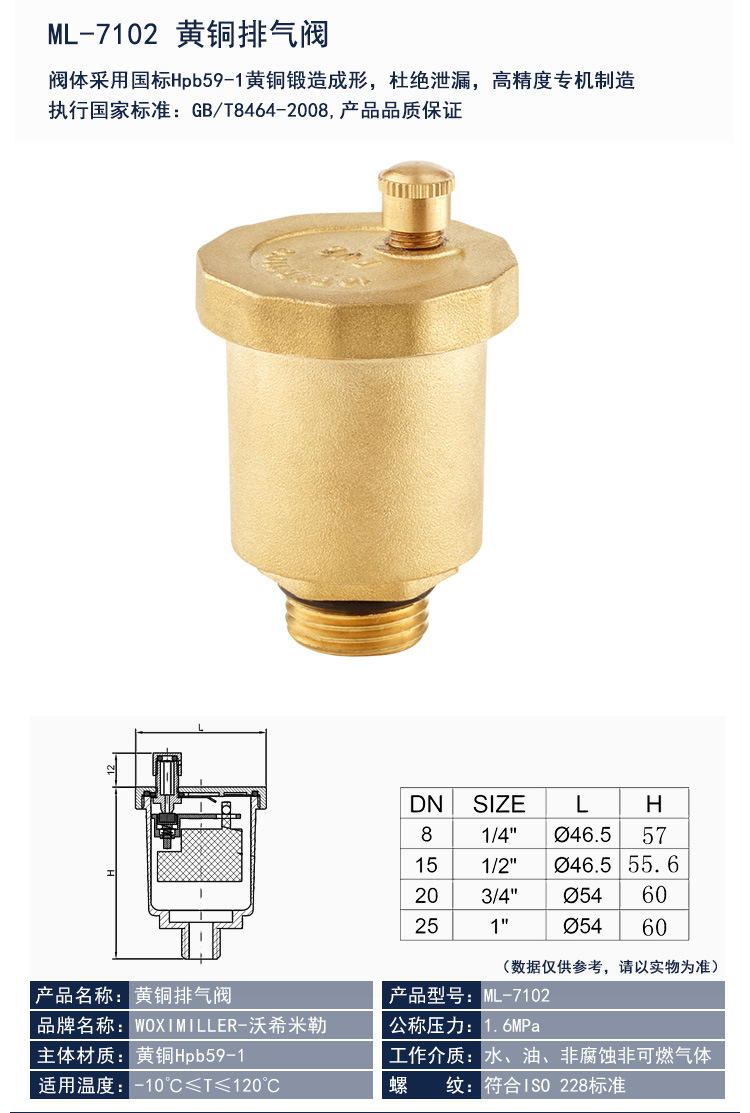 黄铜排气阀 直排式自动放气阀快速黄铜排气阀门米勒阀门公司