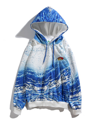 18aw潮牌海浪冲浪蓝色高清印花连帽卫衣男女帽衫