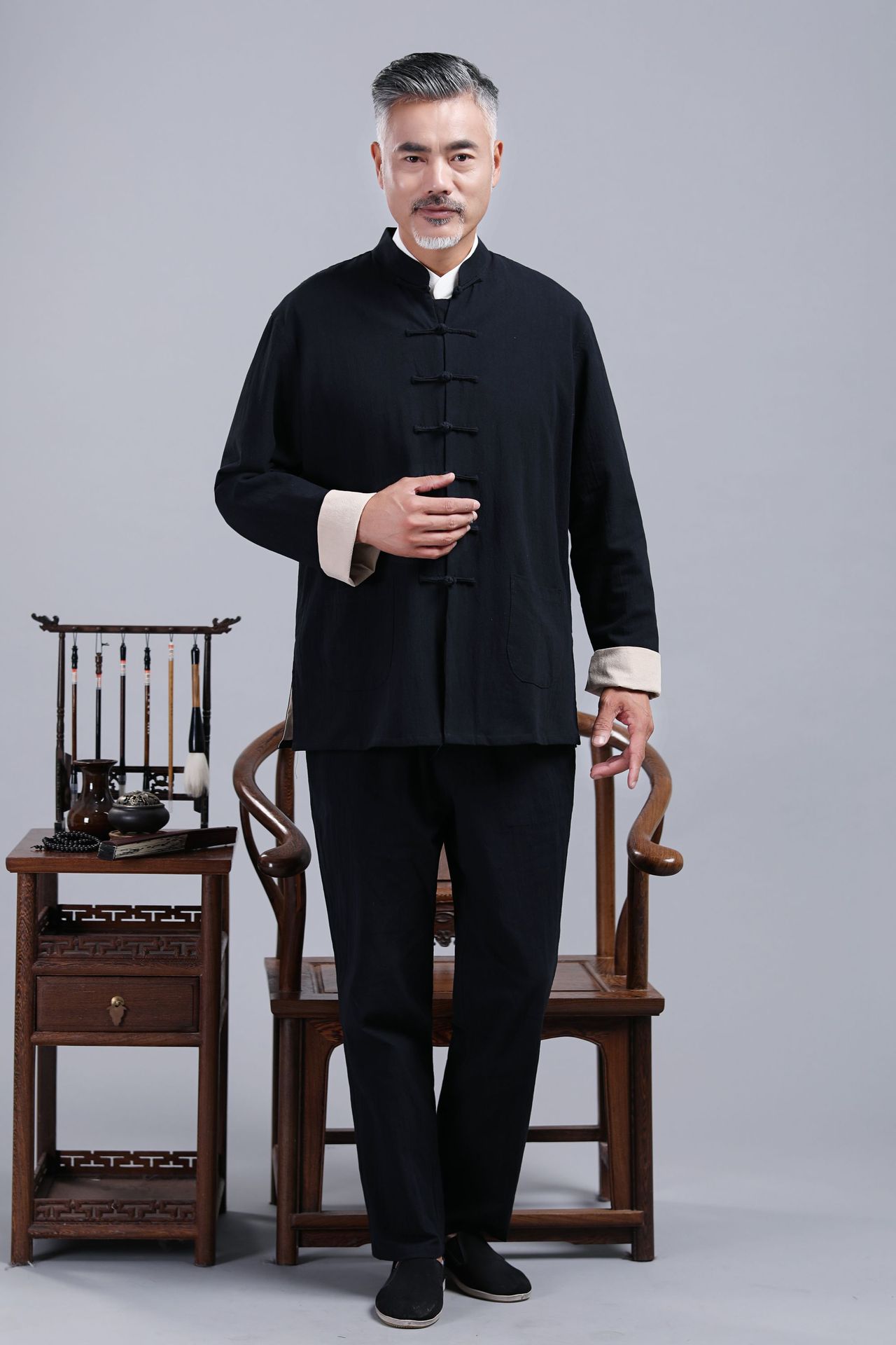 中国风棉麻加厚双层唐装男士套装春秋亚麻中式汉服禅修居士服茶服