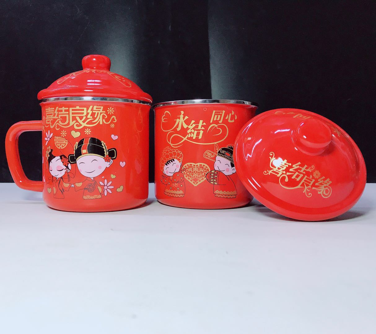 搪瓷包边喜庆大红盖杯喜结良缘搪瓷双喜杯 喜庆礼品搪瓷杯婚庆用