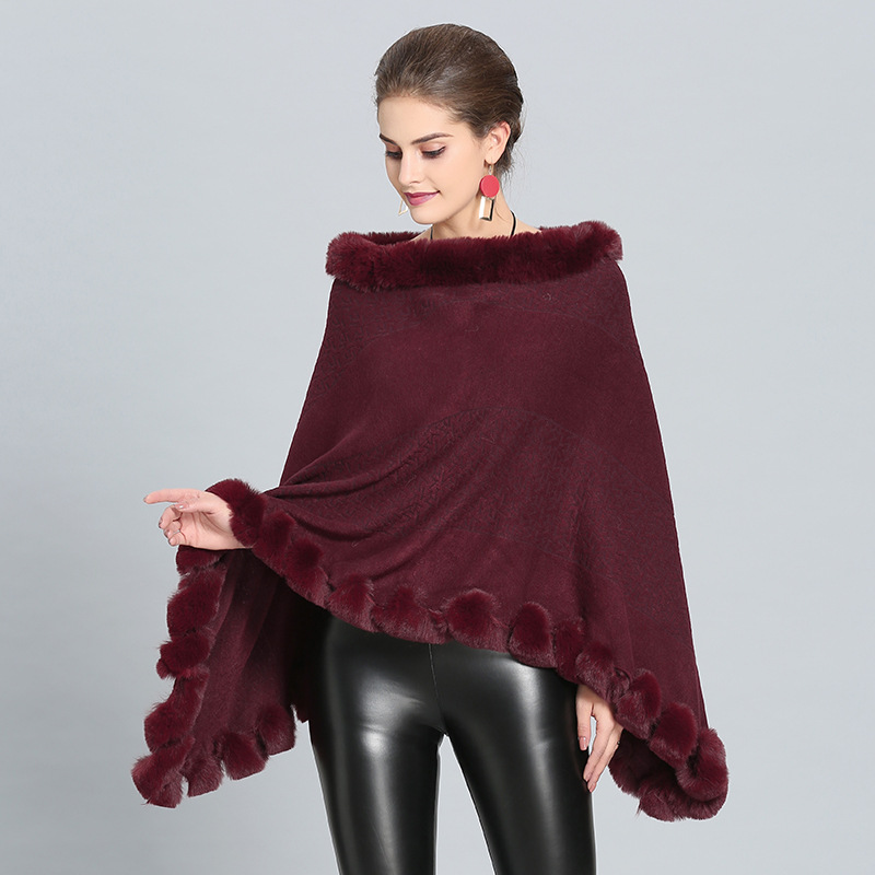 1396# European and American Autumn and Winter New Imitation Fox Fur Collar Imitation Cashmere Knitted Pullover Cloak Shawl Factory Wholesale