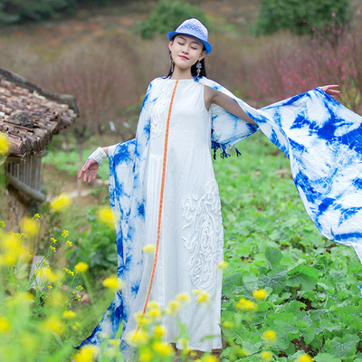 杨丽萍设计2018春夏装复古民族风棉麻刺绣织带a字裙连衣裙长裙女