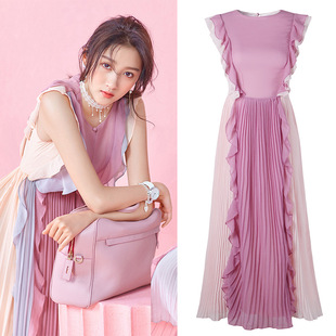 雪纺撞色百褶裙