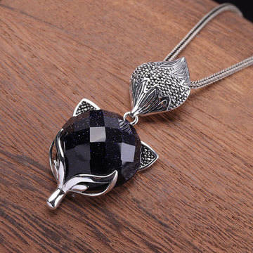 人品银品s925银饰品泰银女士秋冬新毛衣项饰切面蓝砂石吊坠灵狐