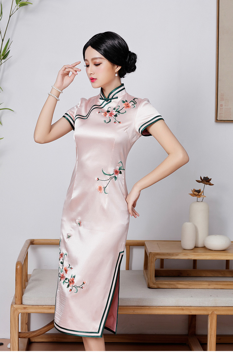 倾城粉黛优雅定制新款改良时尚真丝中长款旗袍裙日常复古女士修