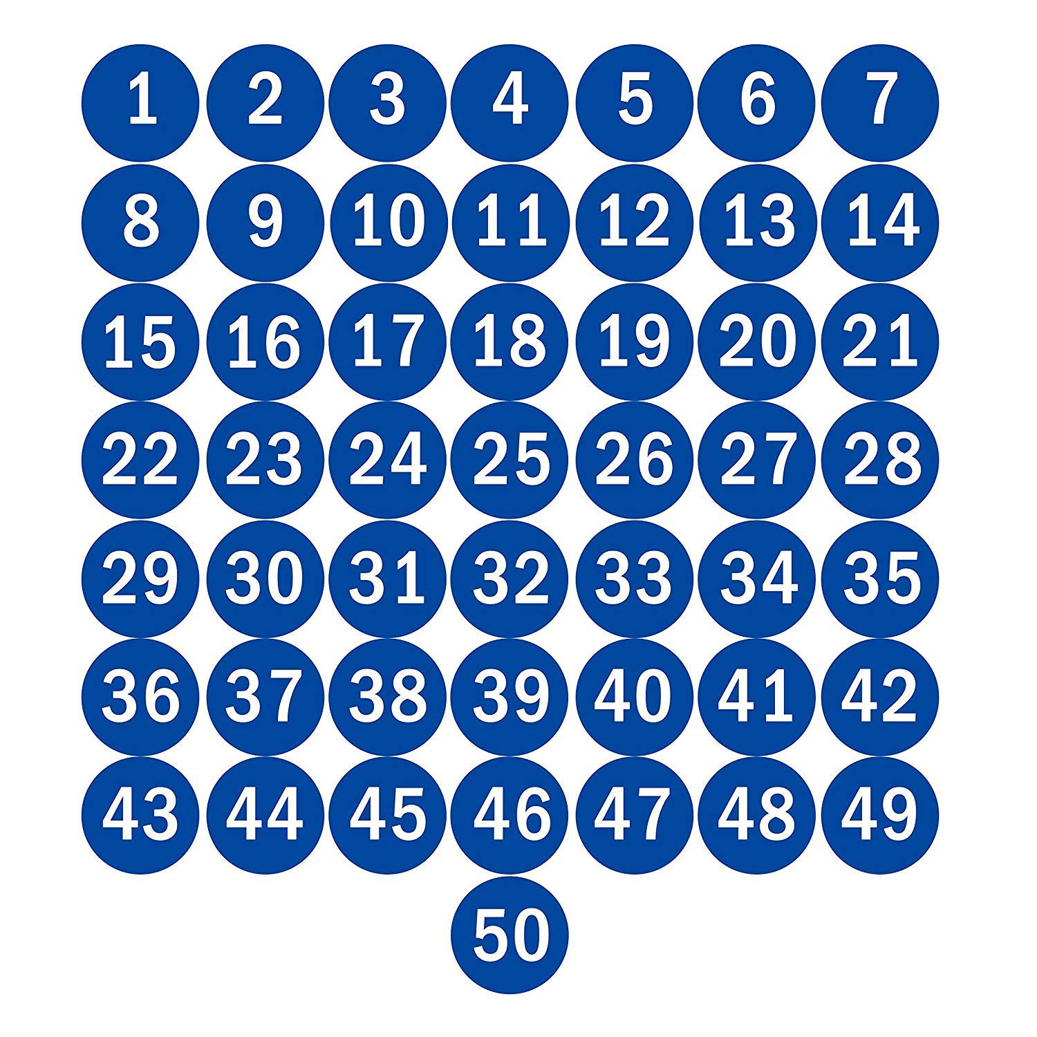 厂家定制蓝色圆形数字编号1-50剂合不干胶贴纸标签亚马逊爆款