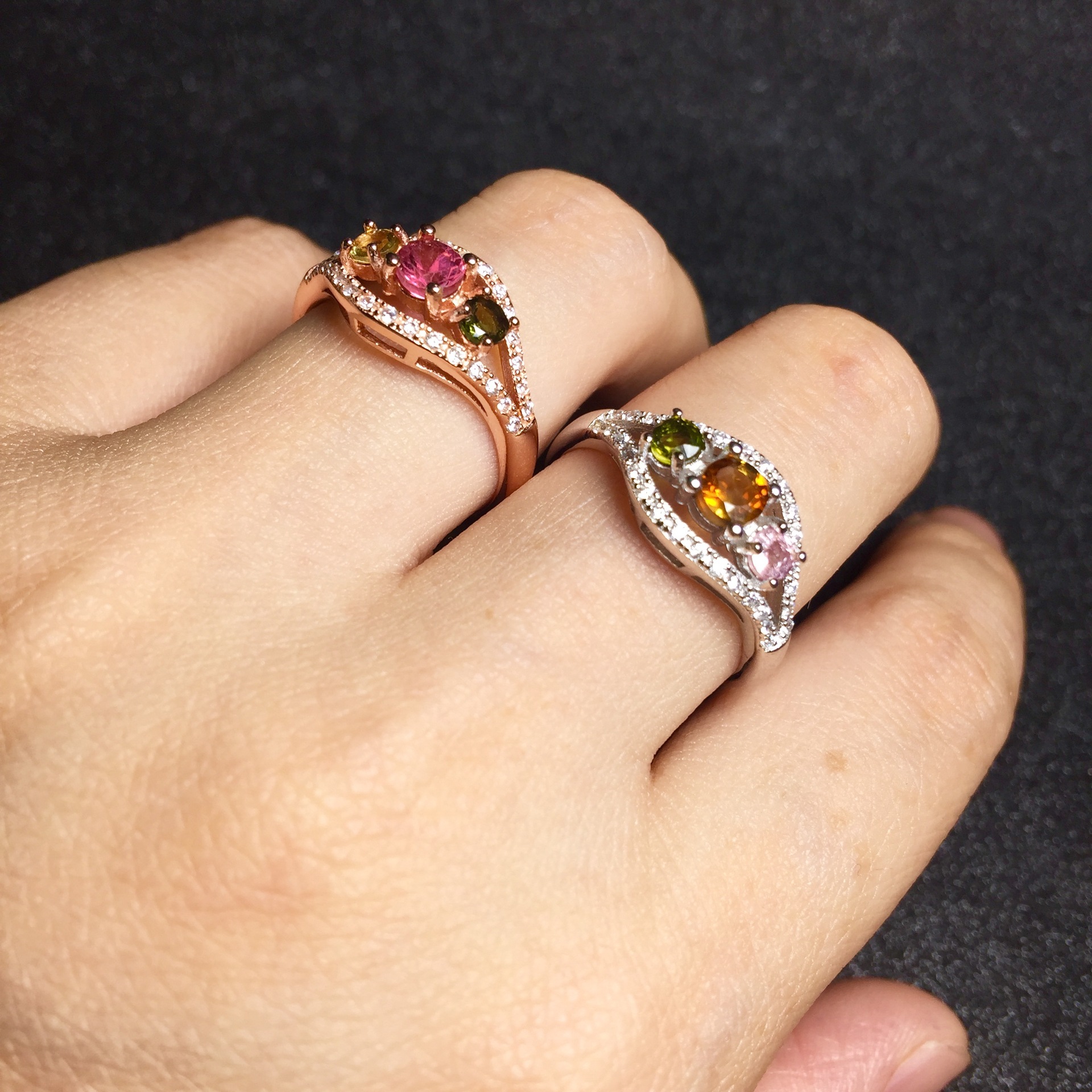 彩宝首饰 925银镶嵌天然碧玺戒指 精致简约小排戒戒彩宝