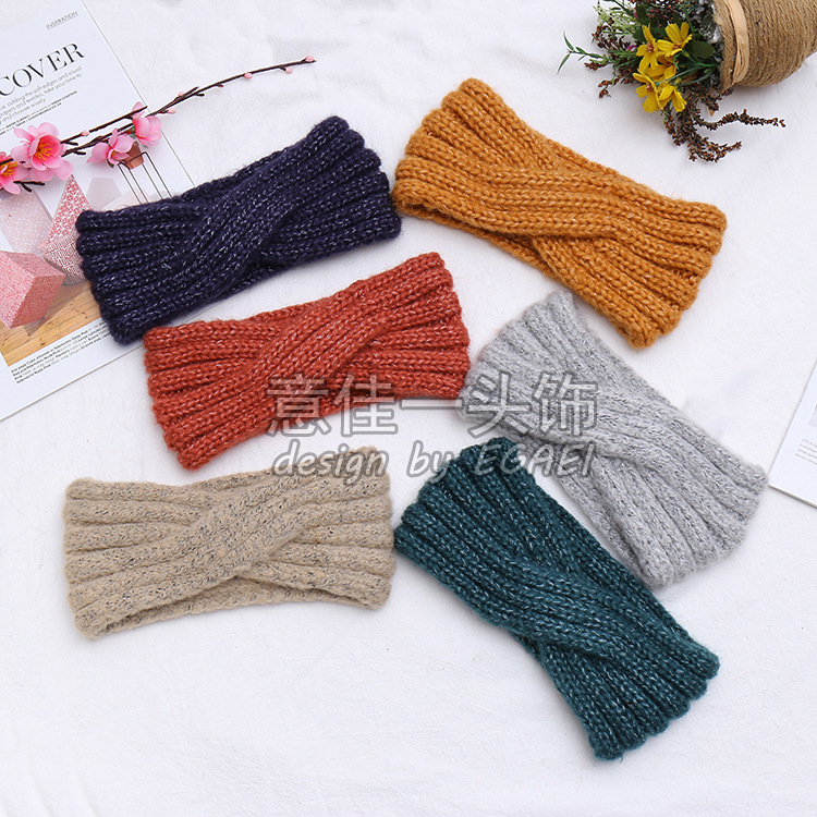 Factory Direct Sales New Mixed Color Mohair Seamless Front Cross Women's Knitted Hair Band Autumn and Winter Warm Hair Band