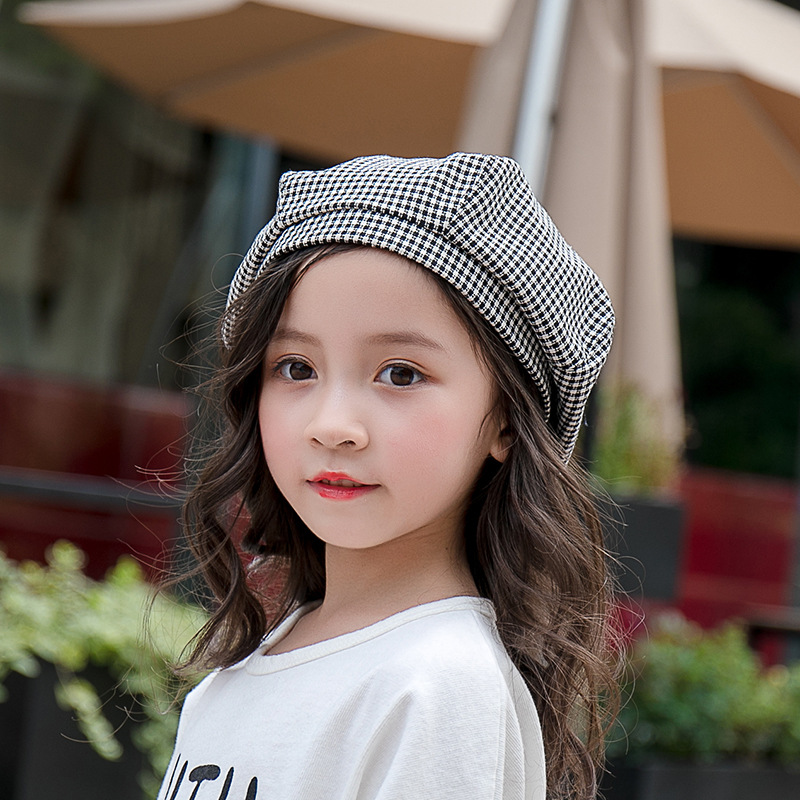 春秋格子贝雷帽宝宝可爱甜美南瓜帽女童文艺可爱画家帽潮批发