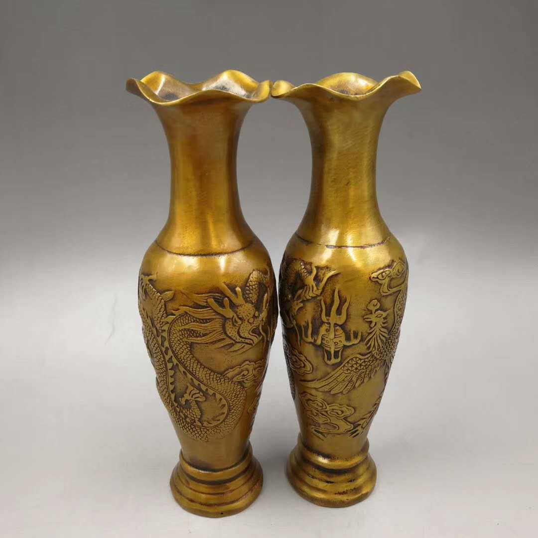纯铜黄铜龙凤花瓶摆件工艺品家居装饰品镇宅驱邪龙凤花瓶摆件一对