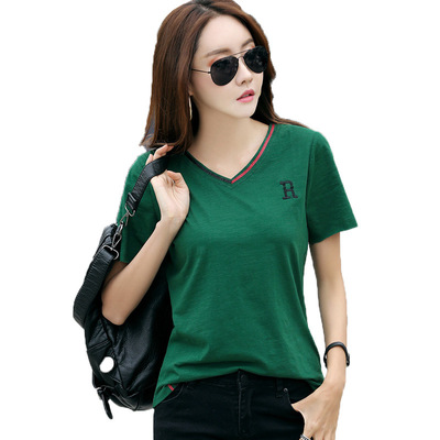 2018夏装新款韩版绿色t恤女短袖百搭v领宽松夏天衣服韩范纯棉上衣
