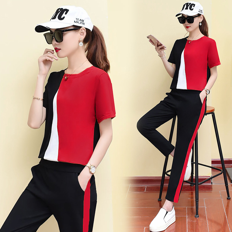 休闲运动套装女夏韩版2018新款拼接时尚社会两件套装运动服bf潮