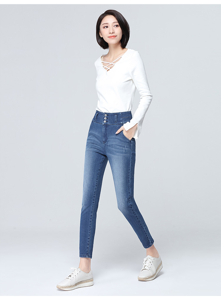 女裤春季新款三排扣高腰牛仔裤女弹力紧身小脚九分裤 0105