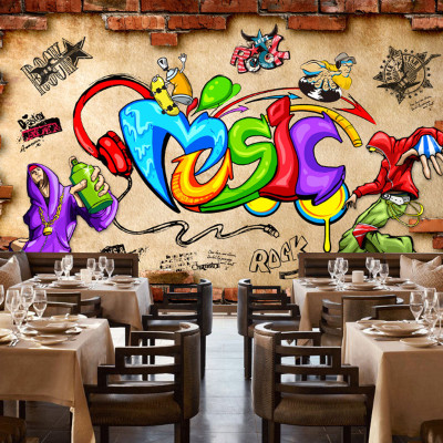 复古砖墙手绘摇滚音乐工装背景墙人物嘻哈酒吧墙纸特色餐厅奶茶店