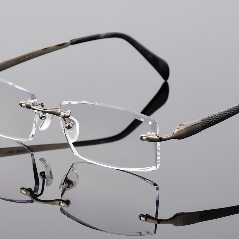 超轻纯钛钻石切边眼镜男无框近视眼镜架镶钻变色眼镜框卡丁无螺丝
