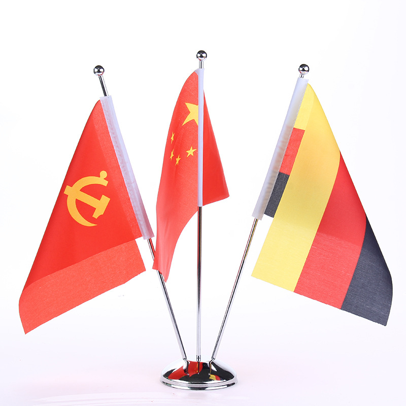 w型银色办公三杆签约金属杆桌旗架三面旗旗座固定高度厂家直销