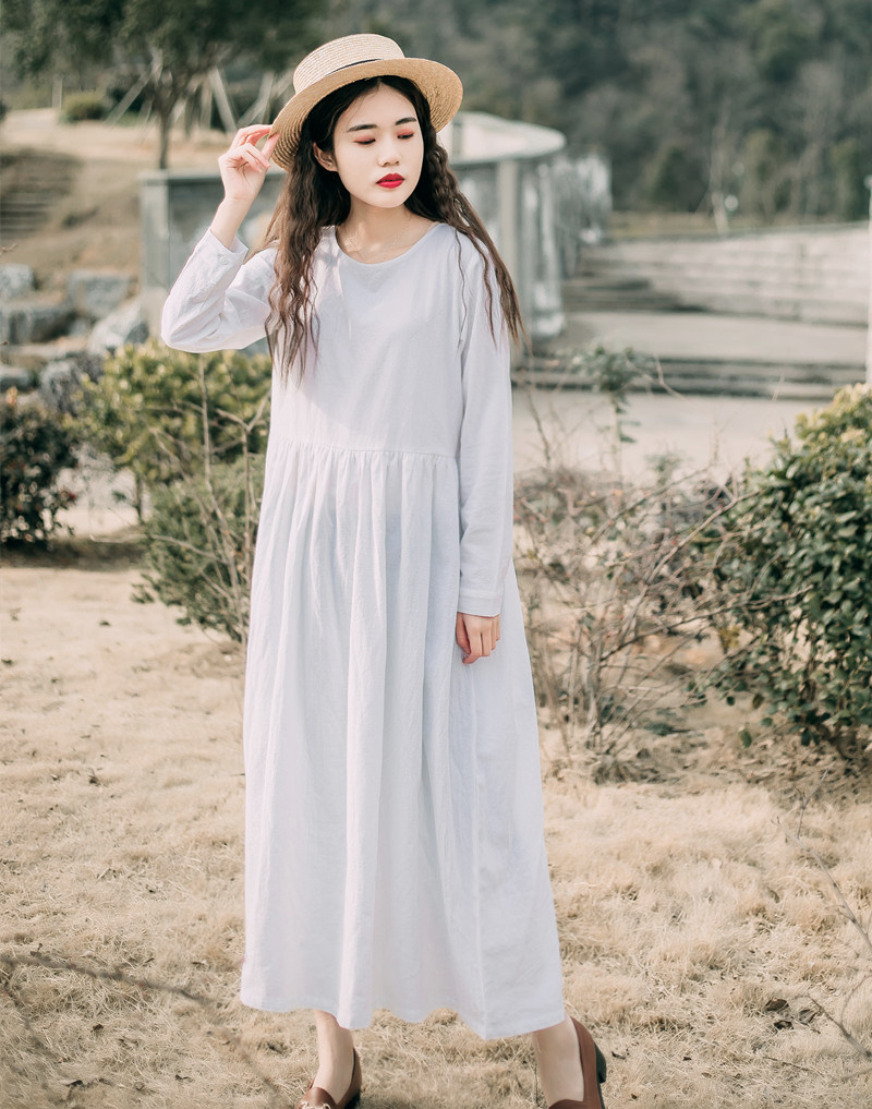 绽放463朵/画扇/白色棉麻连衣裙长裙宽松复古文艺中长款长袖女装