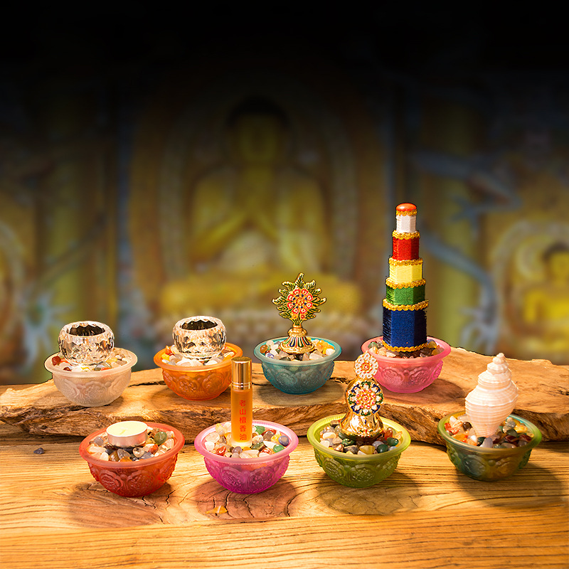 密宗法器佛前八供品吉祥八供养组合套装琉璃八供水杯香塔供佛摆件