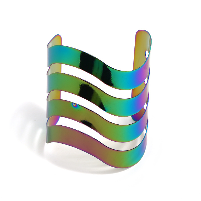 欧美爆款流行七彩个性时尚金属镂空波纹手镯夸张炫彩开口手环现货