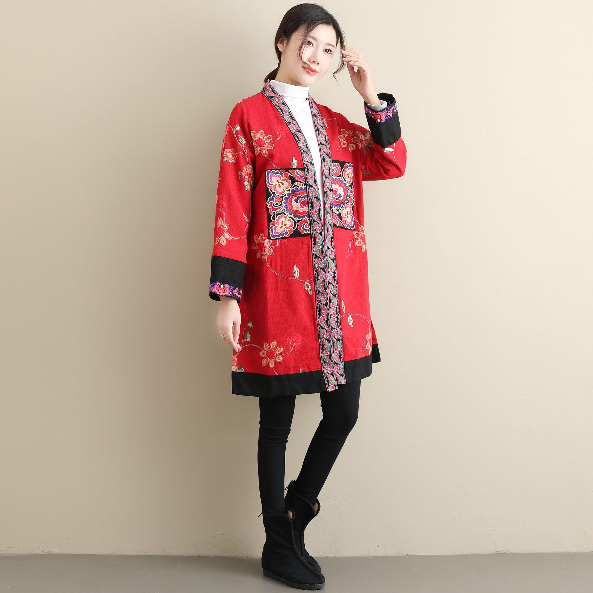 2019秋冬新款 苗绣中长款 复古民族风棉麻刺绣女式上衣开衫款