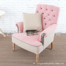 美式单人布艺沙发定制家具客厅时尚拉扣软包沙发椅粉色公主休闲椅