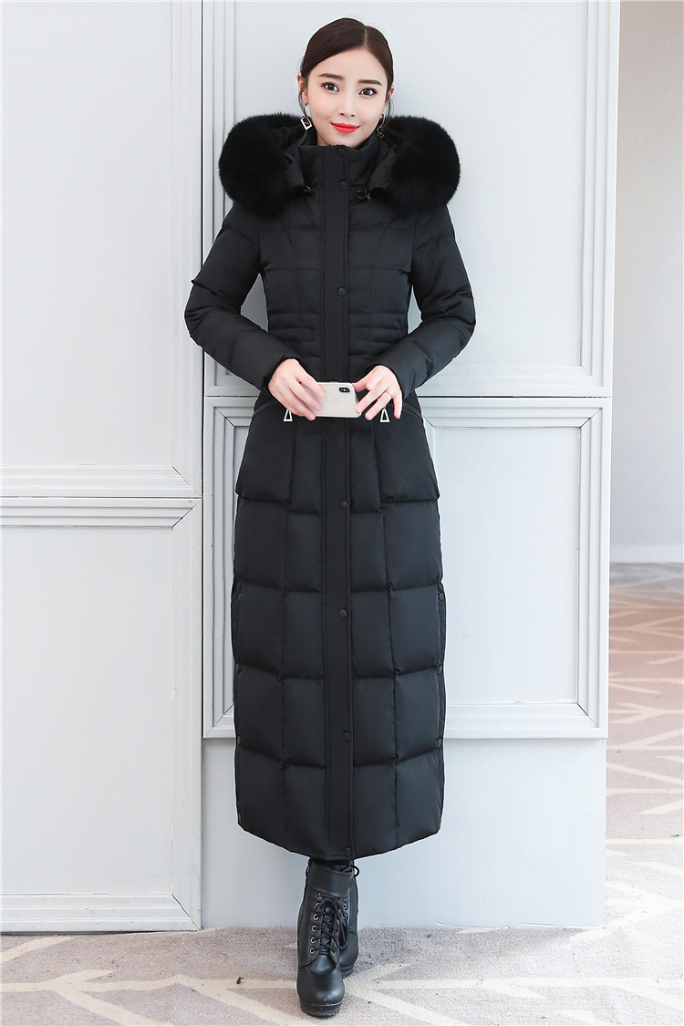批发正品牌奢华真狐狸大毛领长款羽绒服女长过膝加厚加长修身超长