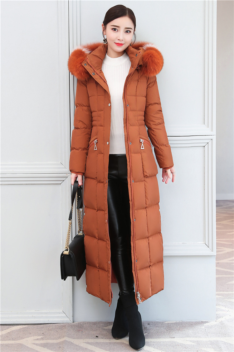 批发正品牌奢华真狐狸大毛领长款羽绒服女长过膝加厚加长修身超长