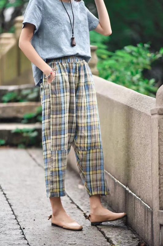2018夏季新款 日式宽松百搭格子亚麻松紧腰垮裤女九分裤1819