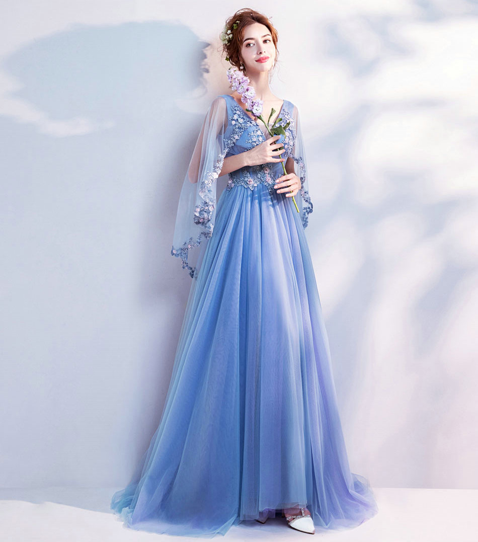 蓝色梦幻披纱连衣裙婚礼新娘性感v领拼接纱敬酒服宴会主持人晚装