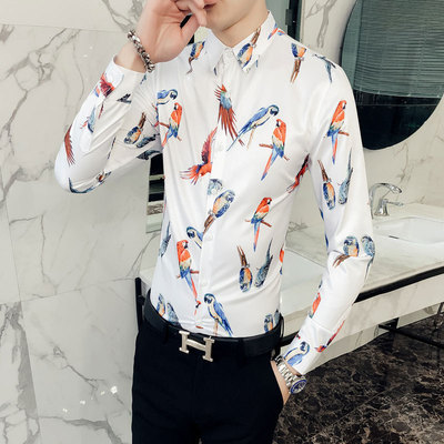 发型师修身型花衬衫男长袖韩版修身个性印花职业工装潮流打底寸衣