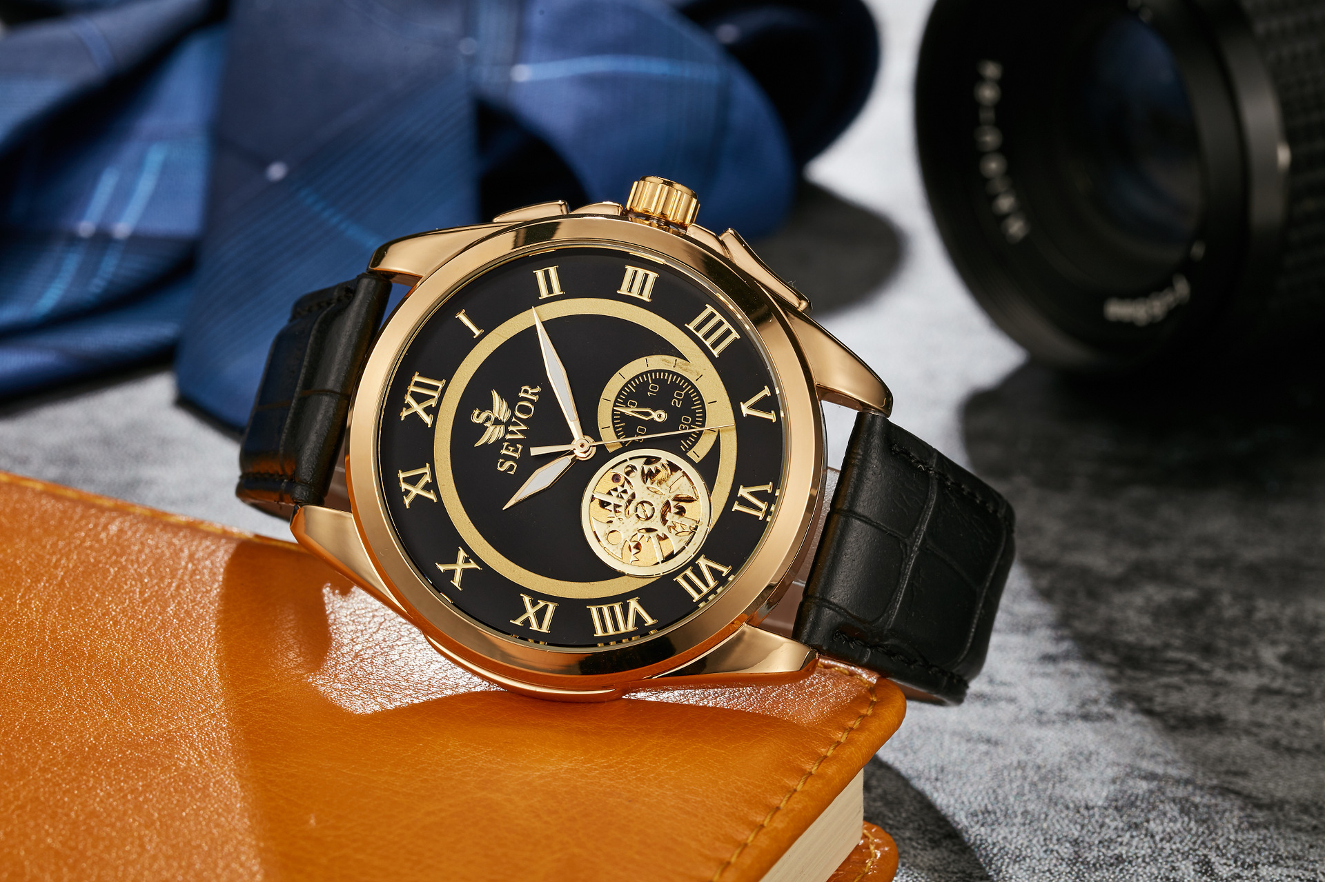 sewor正品机械表 速卖通爆款全自动机械表透底男士手表皮带商务表